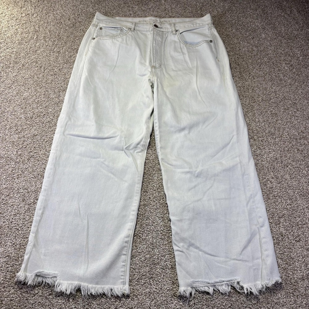 American Eagle Outfitters Wide Leg Crop Jeans Womens 12 Light Wash Raw Hem Denim